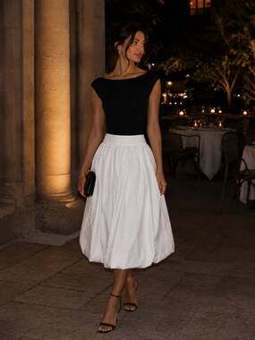 Aleeza Paris XL White Cotton Bubble Hem Midi Skirt Full Balloon Quiet Luxury